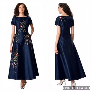 eShakti Womans 1X-16W Floral Embroidery Dupioni A-Line Dress Deep Navy Blue